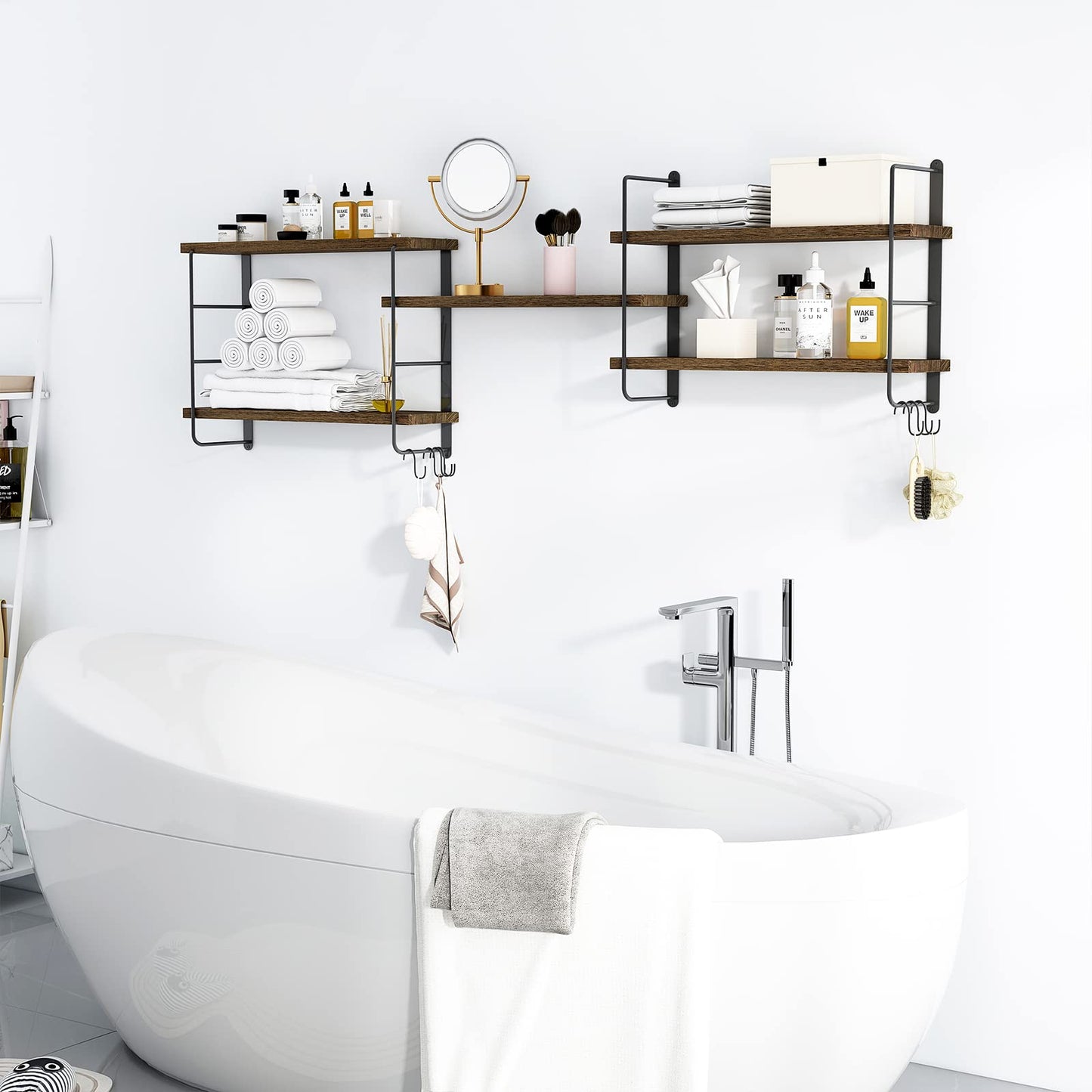 Bathroom setup with shelves above a bathtub, featuring various toiletries and towels.
