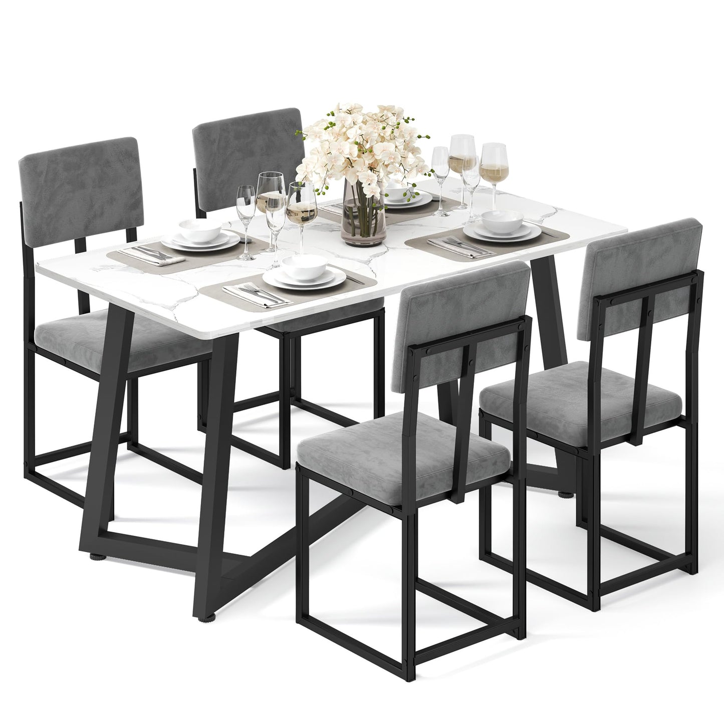 Dining table set with chairs on a white background