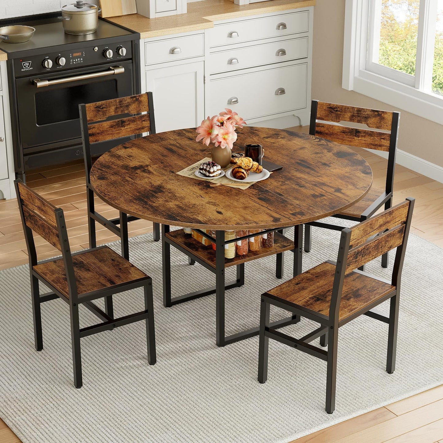 Dining table set with four chairs in a kitchen