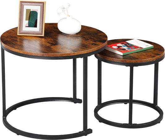 Set of 2 Round Nesting Coffee Table, Central Tables, Circular Wood Accent Table with Sturdy Metal Frame