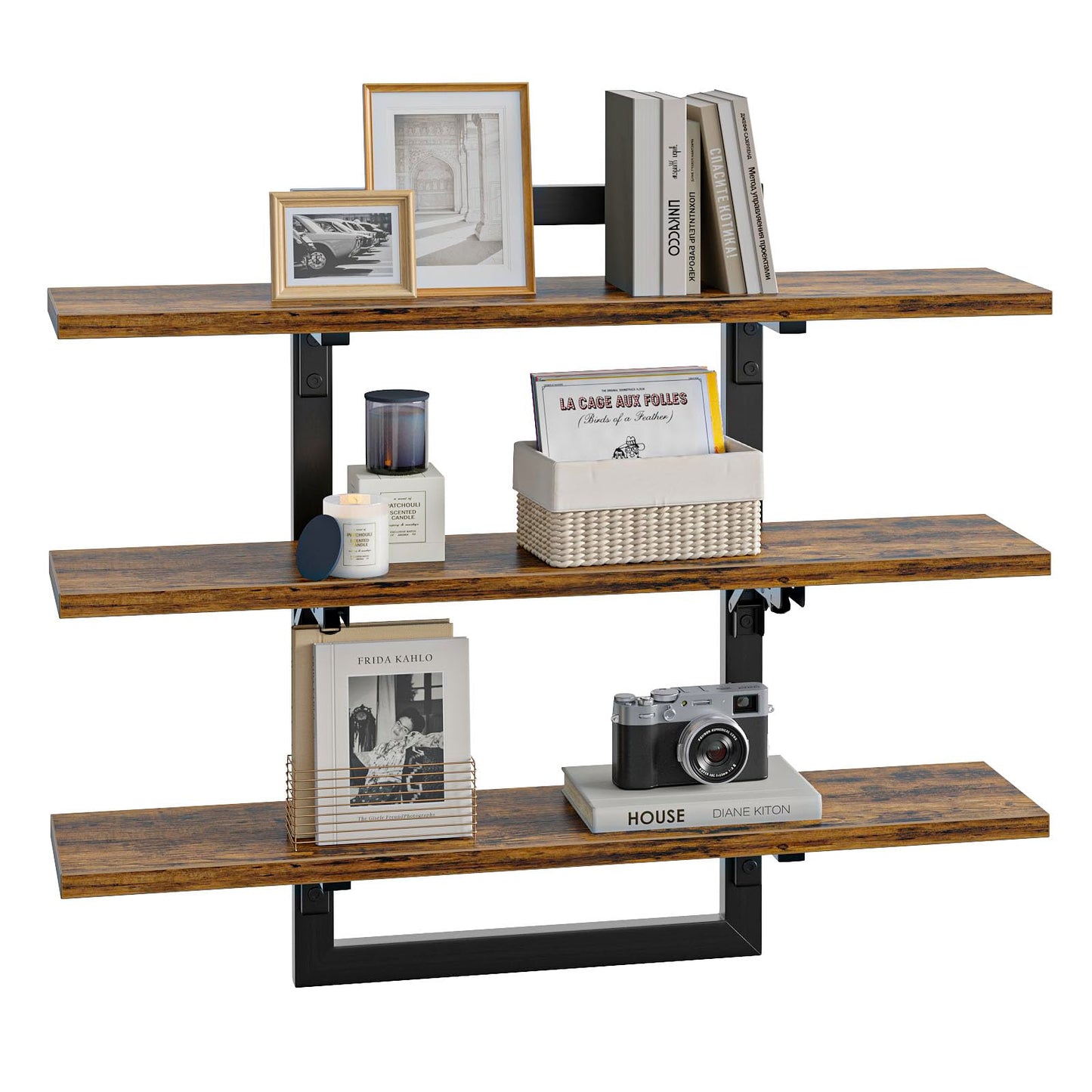 Wooden shelf with decorative items on a white background