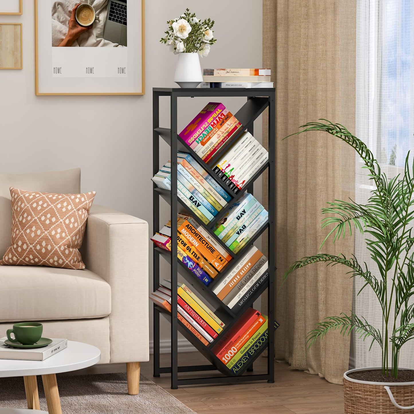 Bookshelf with books in a living room setting