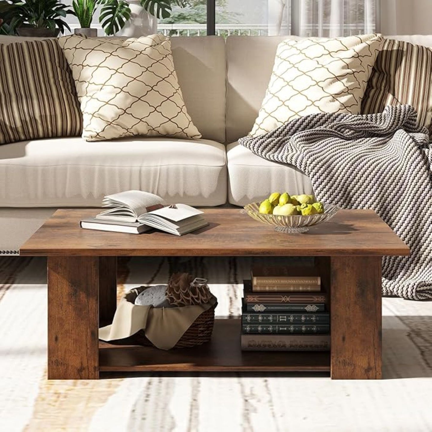 Wooden coffee table with books and a bowl on a beige sofa with patterned cushions.
