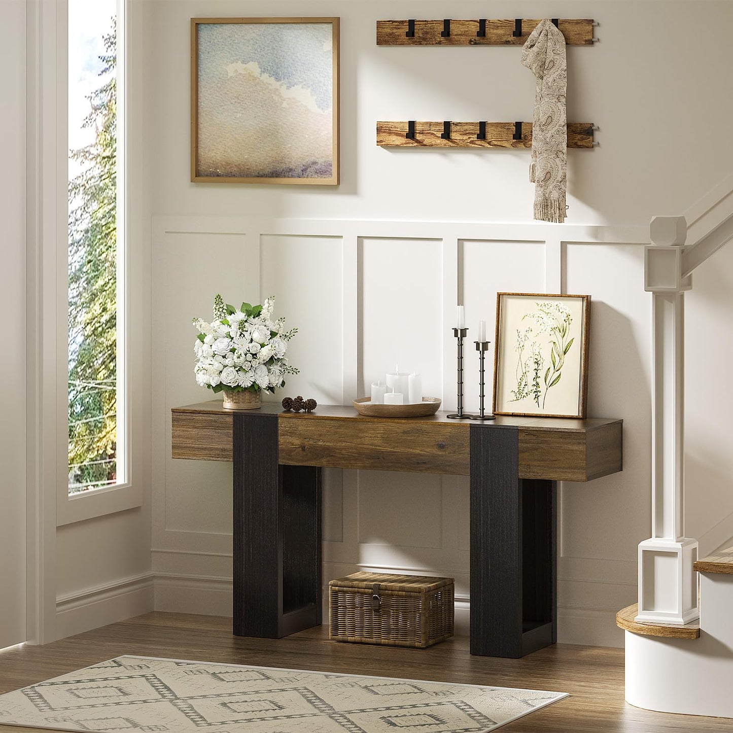 Wooden console table in a room with decorative elements and a window.