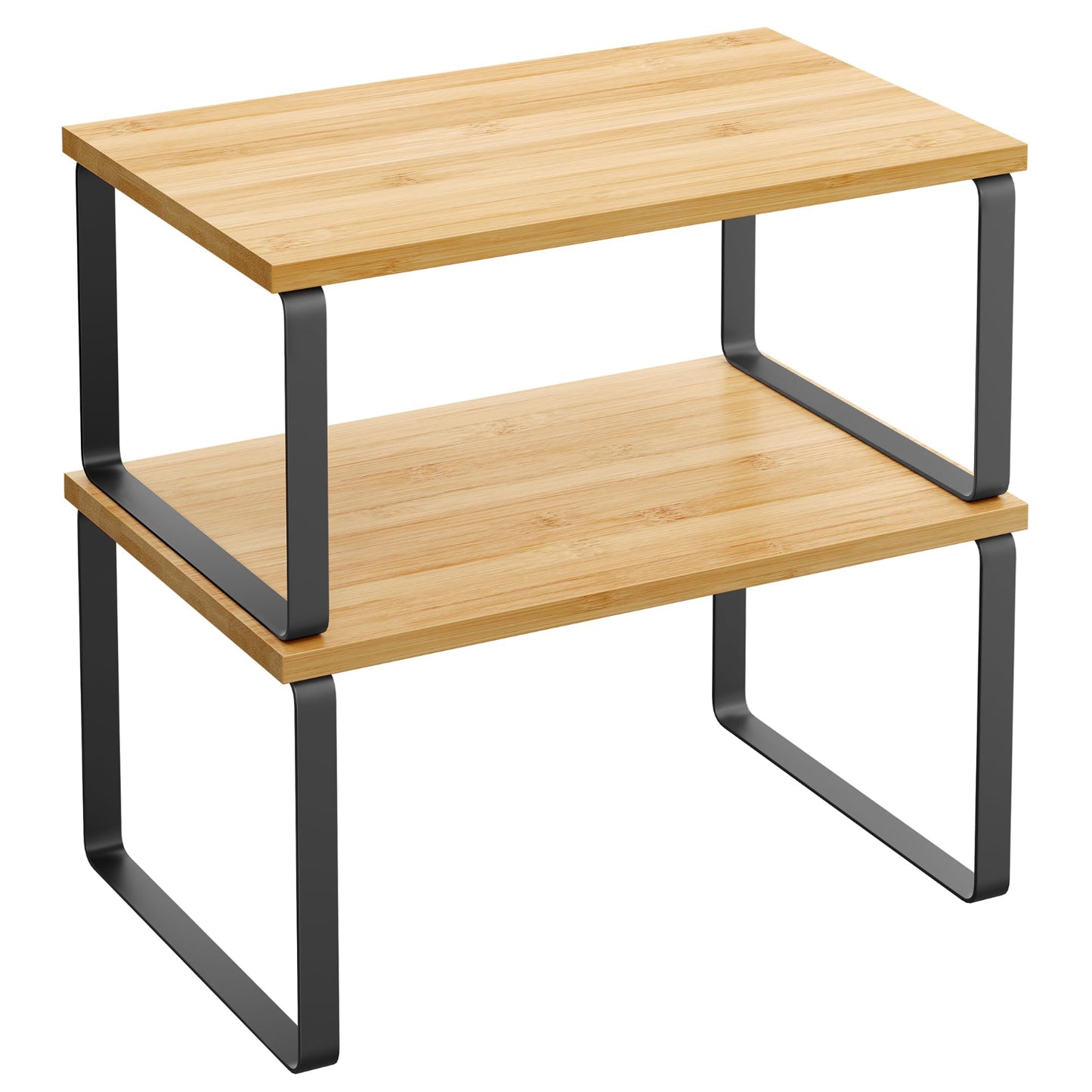 Two-tier wooden table with black metal legs on a white background