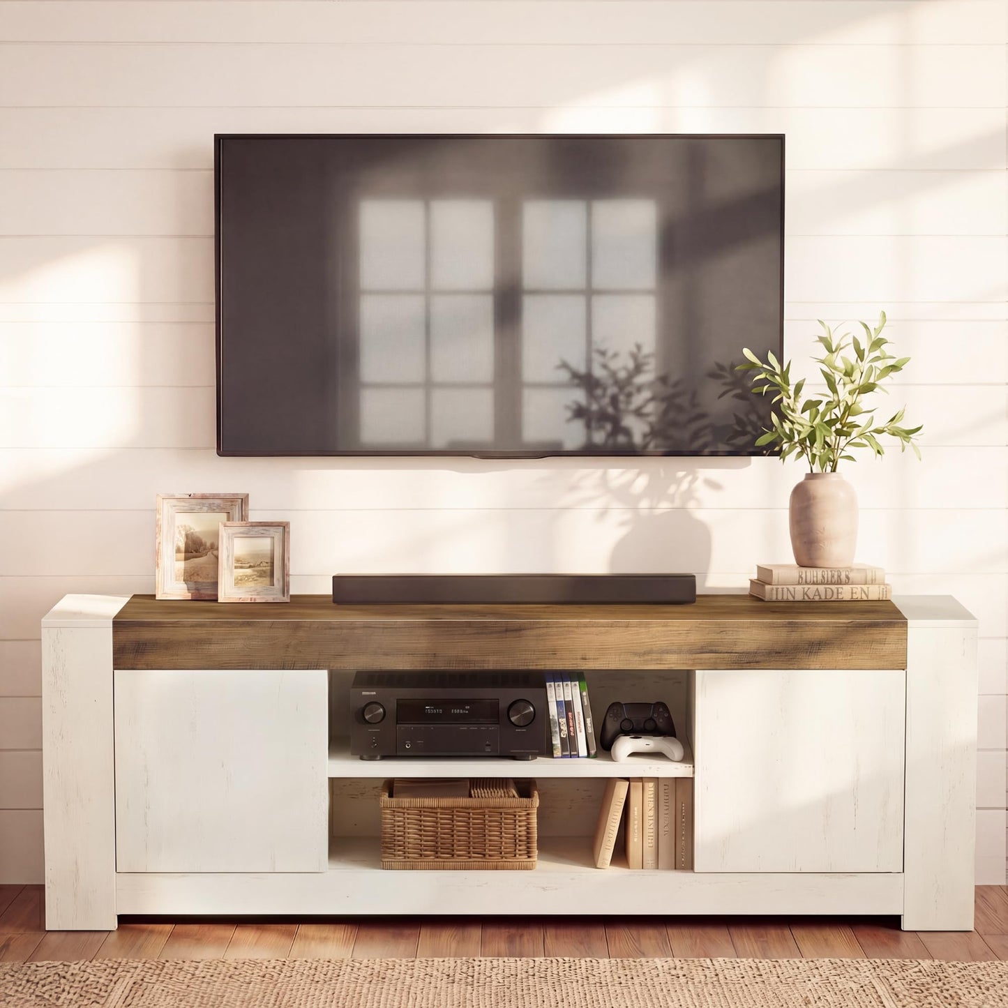 Wooden TV stand with electronic devices in a living room setting