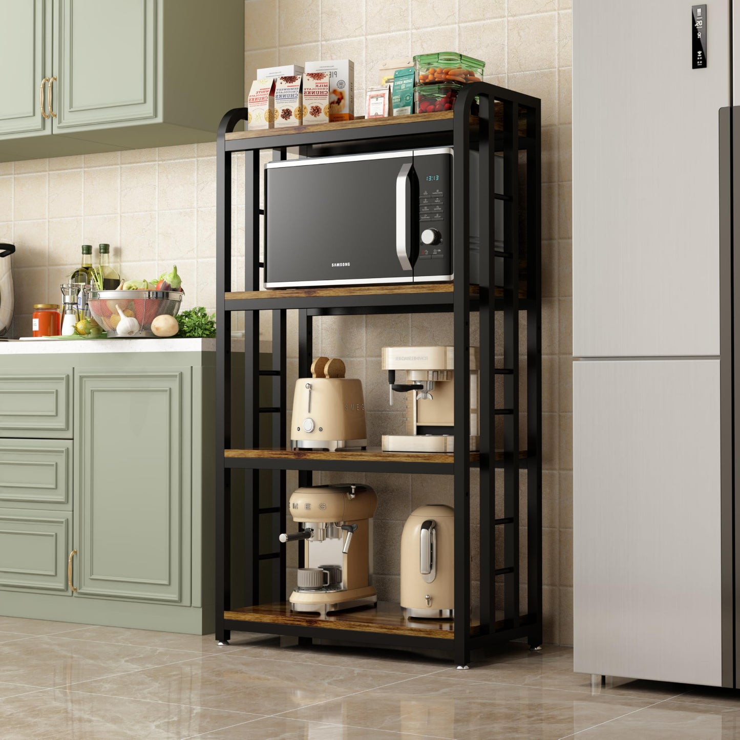 Kitchen shelf with microwave, coffee maker, and toaster in a modern kitchen setting.