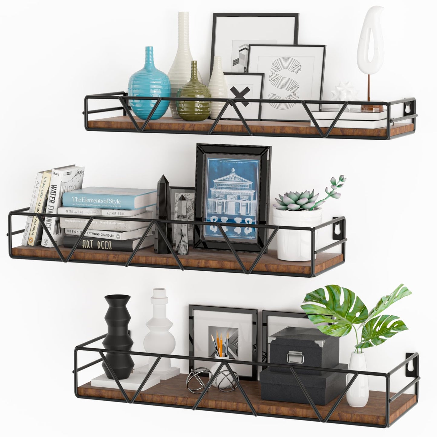 Decorative wall shelves with books, frames, and plants on a white background