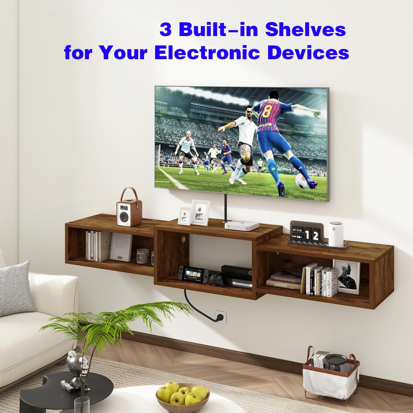 Wooden entertainment console with built-in shelves in a living room setting.