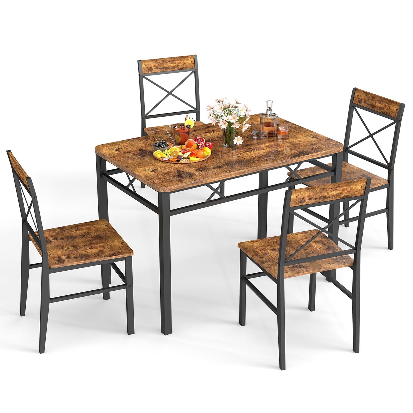 Dining table set with four chairs on a white background