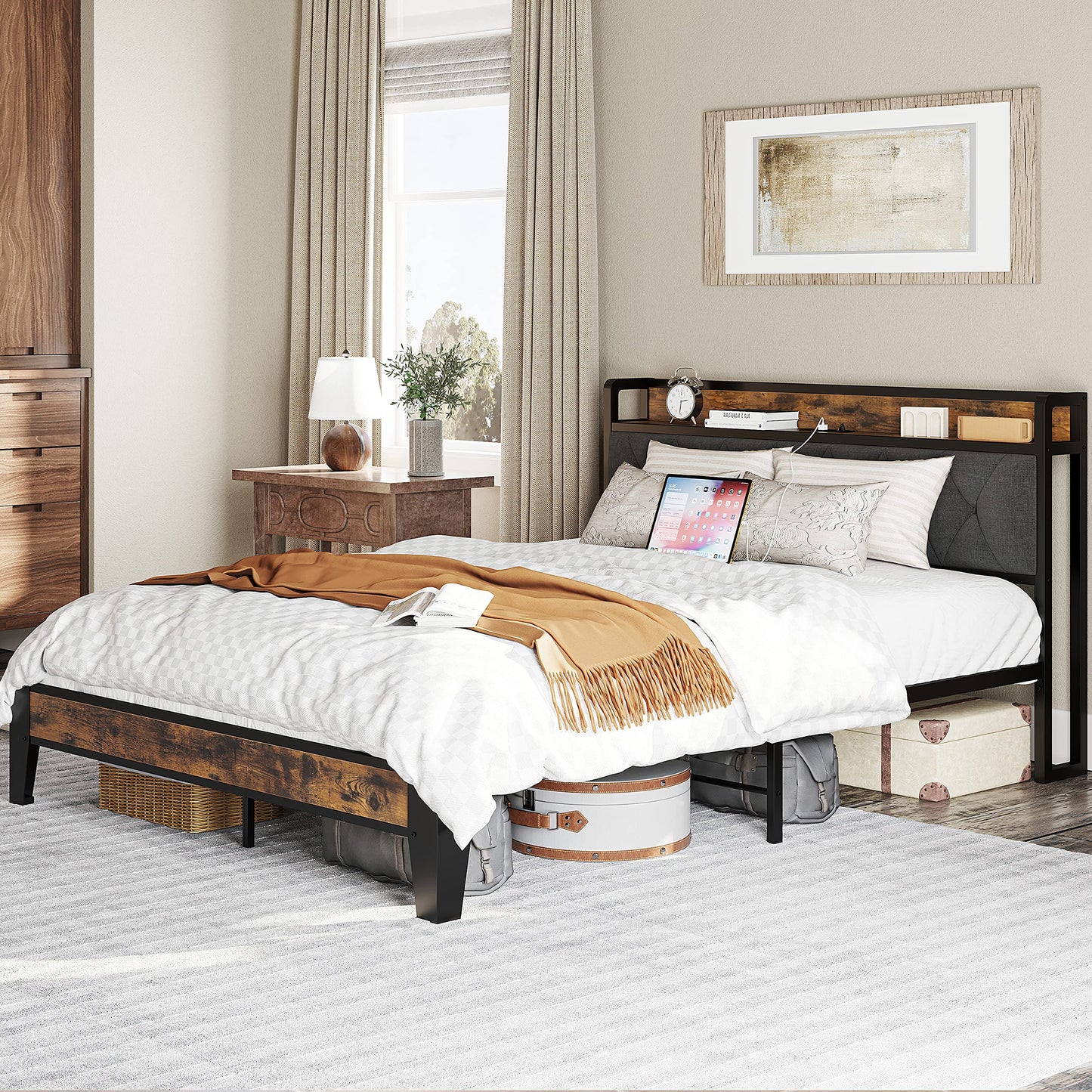 Bedroom with a wooden bed frame, white bedding, and decorative items.