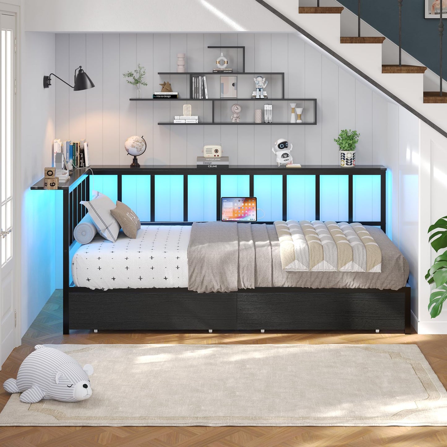 Modern bedroom with a bed featuring LED lighting, shelves, and decor.