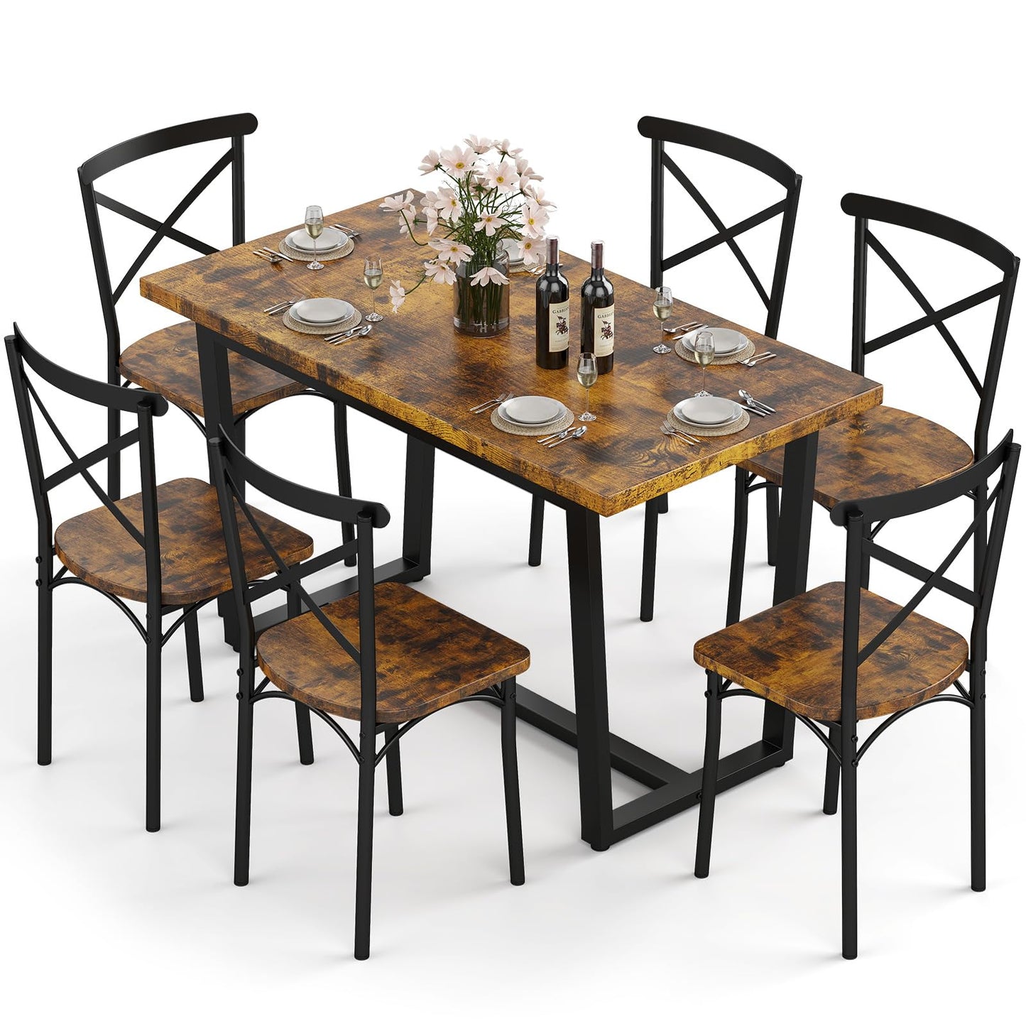 Dining table set with six chairs on a white background