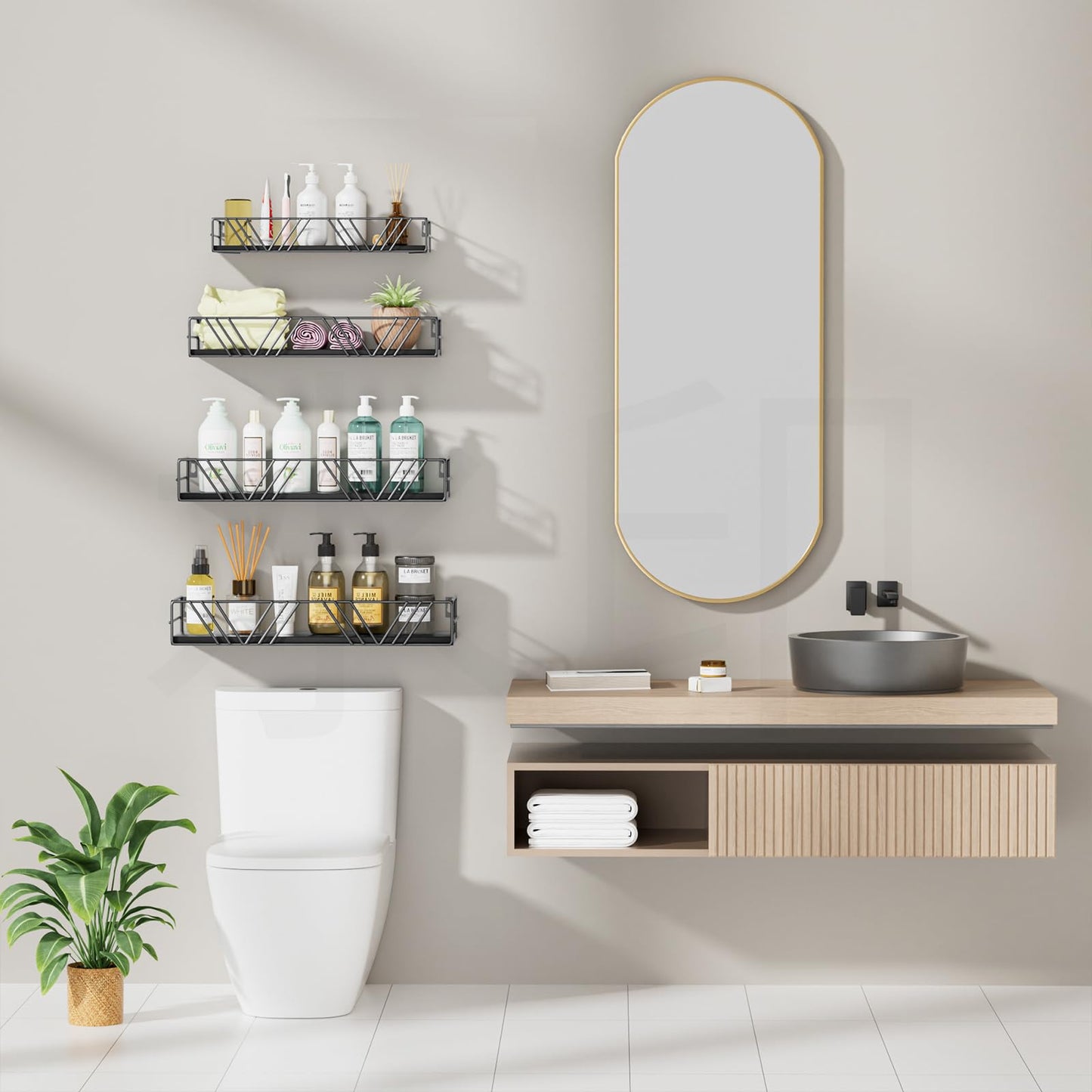 Modern bathroom with wooden vanity, mirror, and shelves with toiletries.