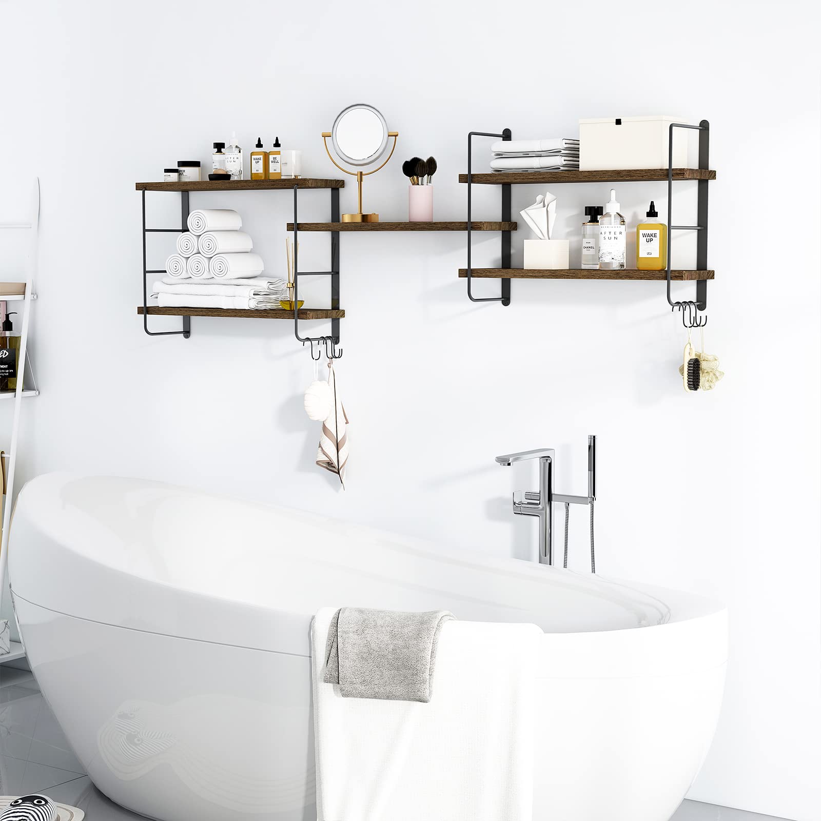 Bathroom setup with shelves above a bathtub, featuring various toiletries and towels.