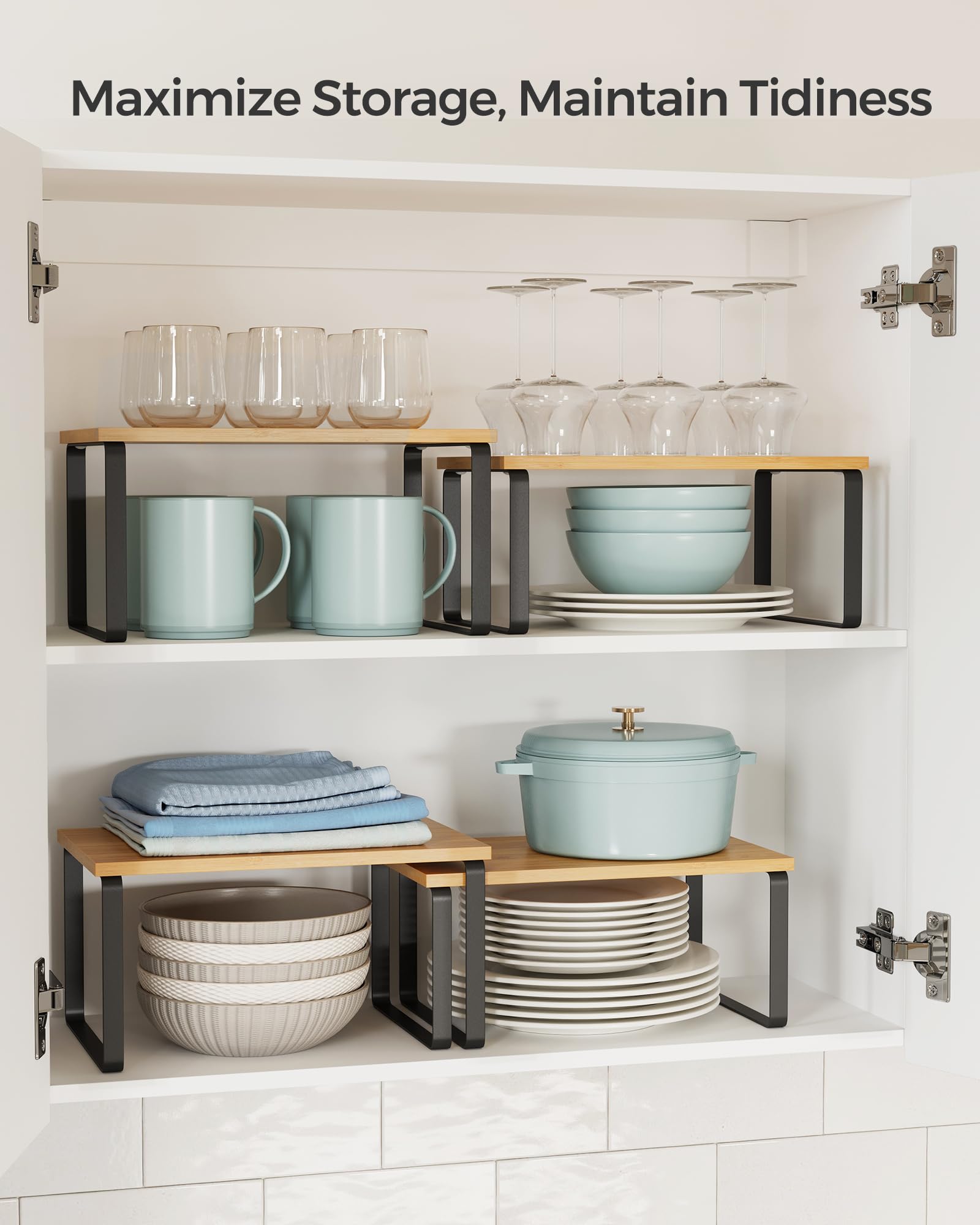 Kitchen cabinet with shelves holding mugs, bowls, and other kitchenware with text 'Maximize Storage, Maintain Tidiness'.