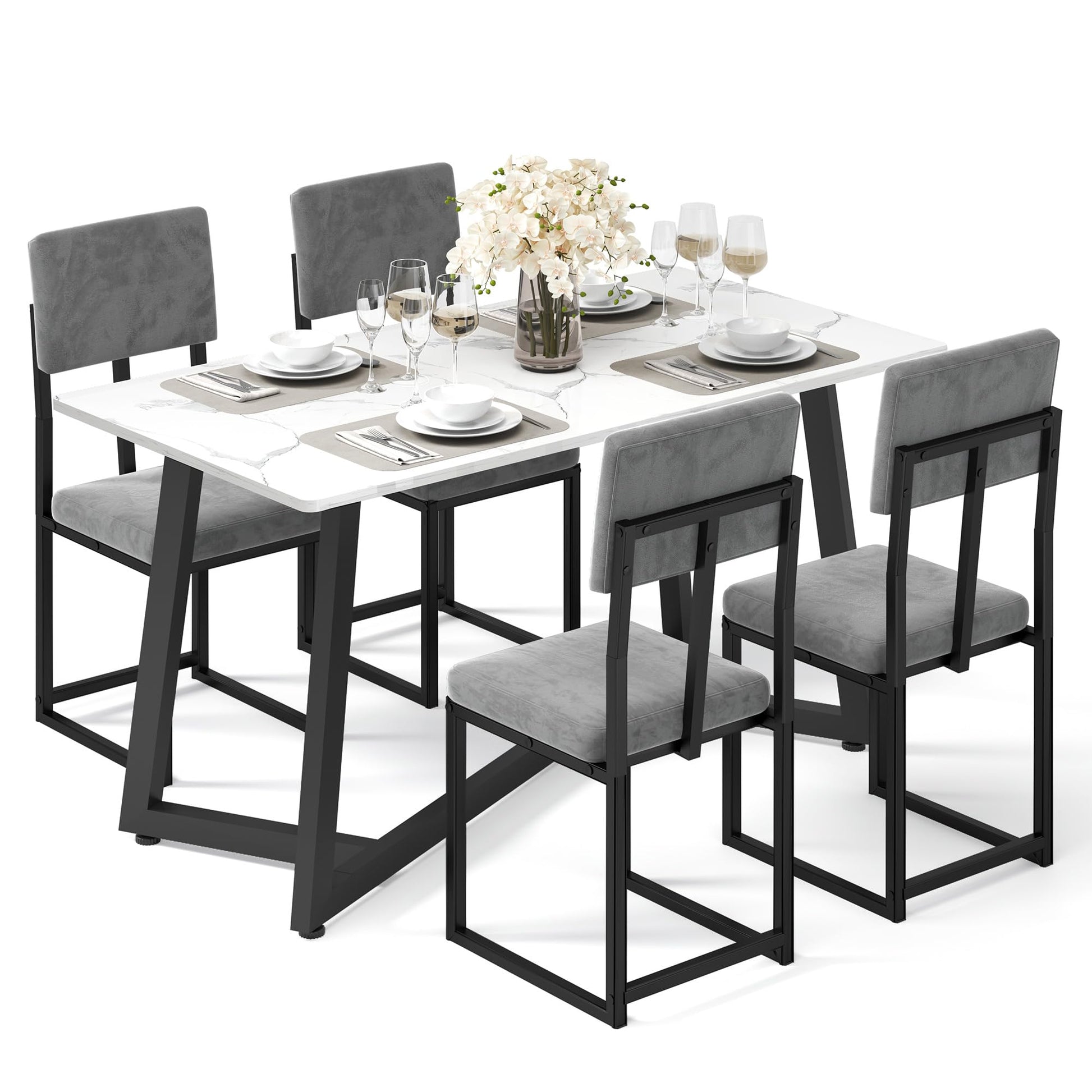 Dining table set with chairs on a white background