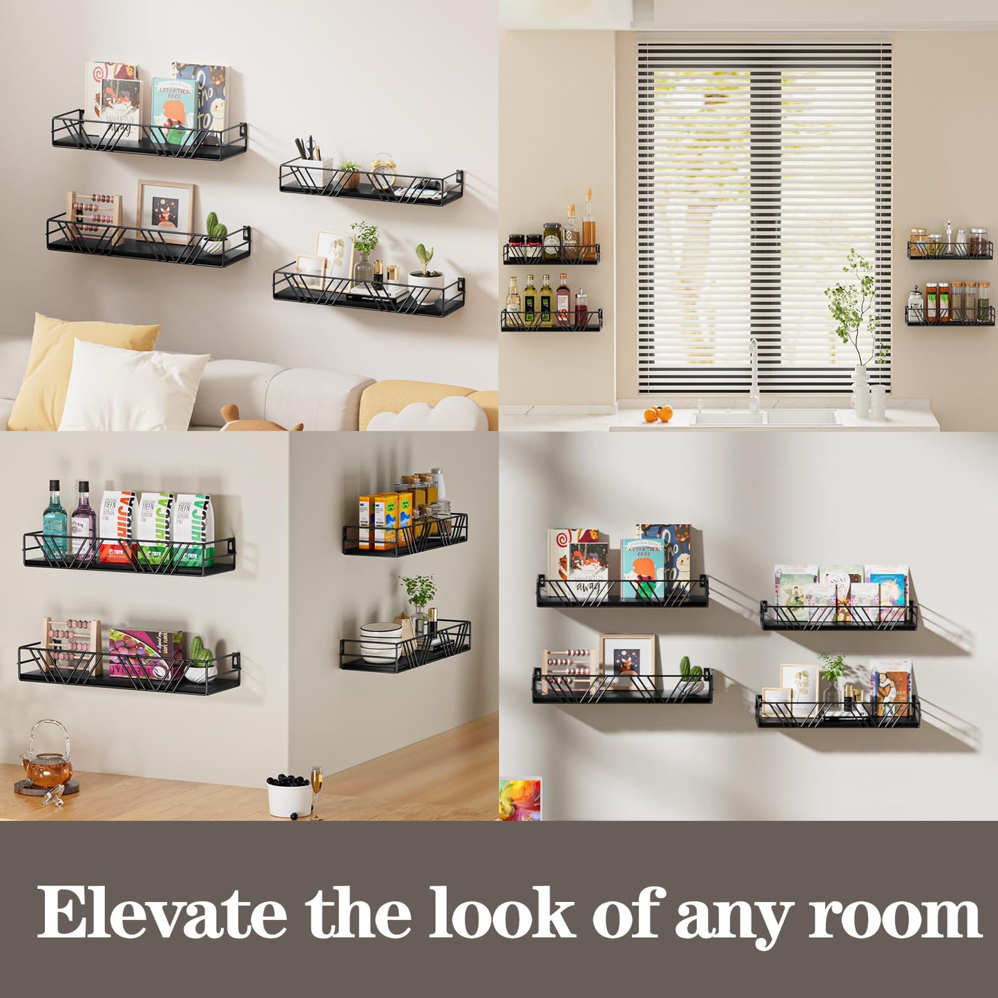 Wall-mounted shelves with various items against a neutral wall.