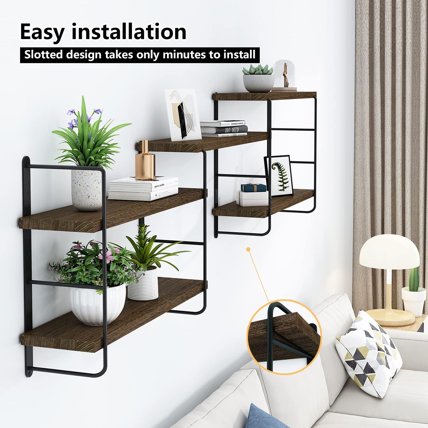 Wall-mounted shelving unit with plants and books in a living room setting, emphasizing easy installation.