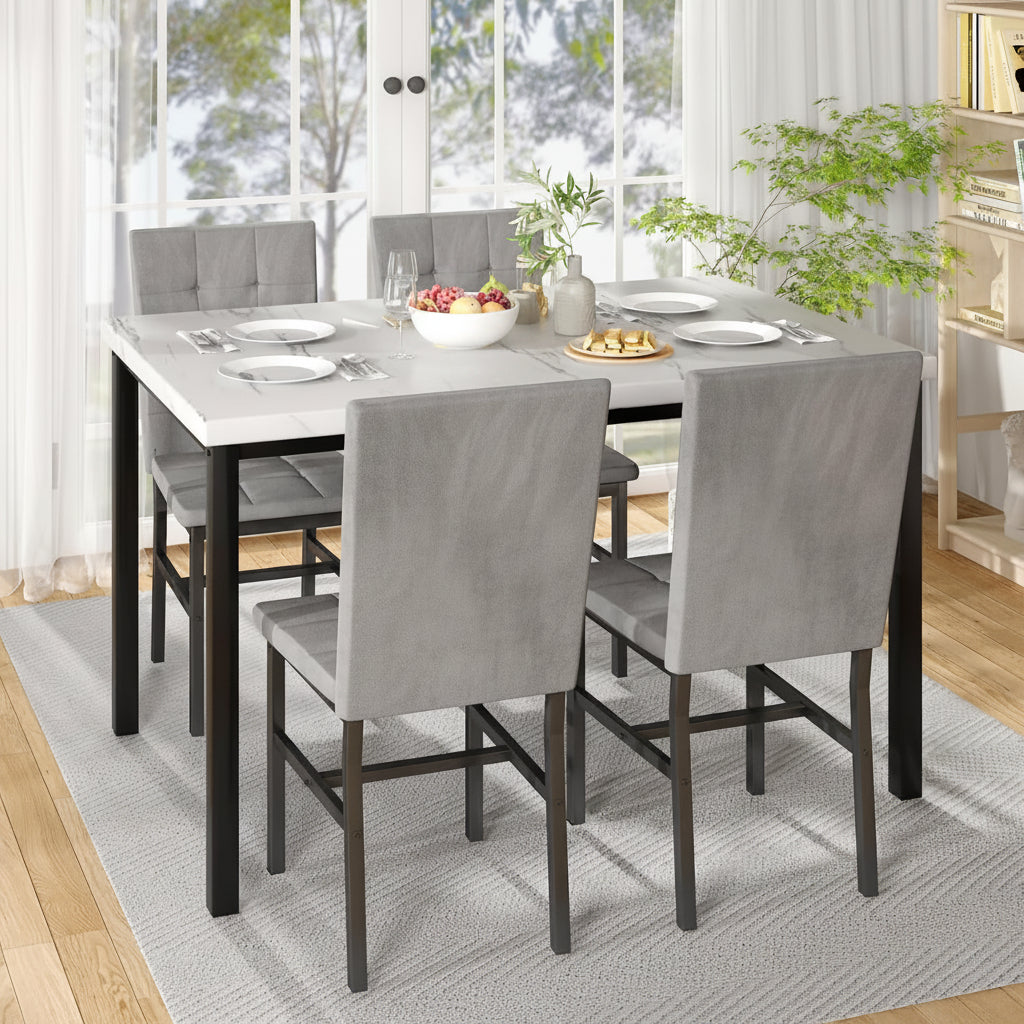 Dining table set with chairs in a bright room with large windows.