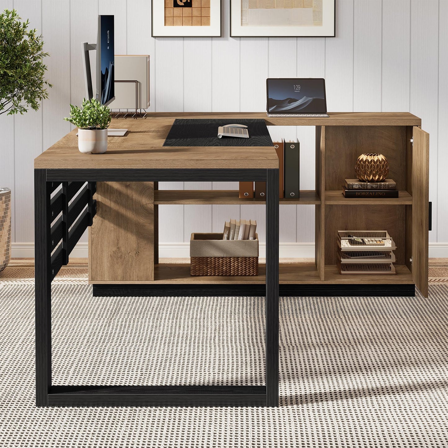 Wooden desk with black metal frame in a room setting