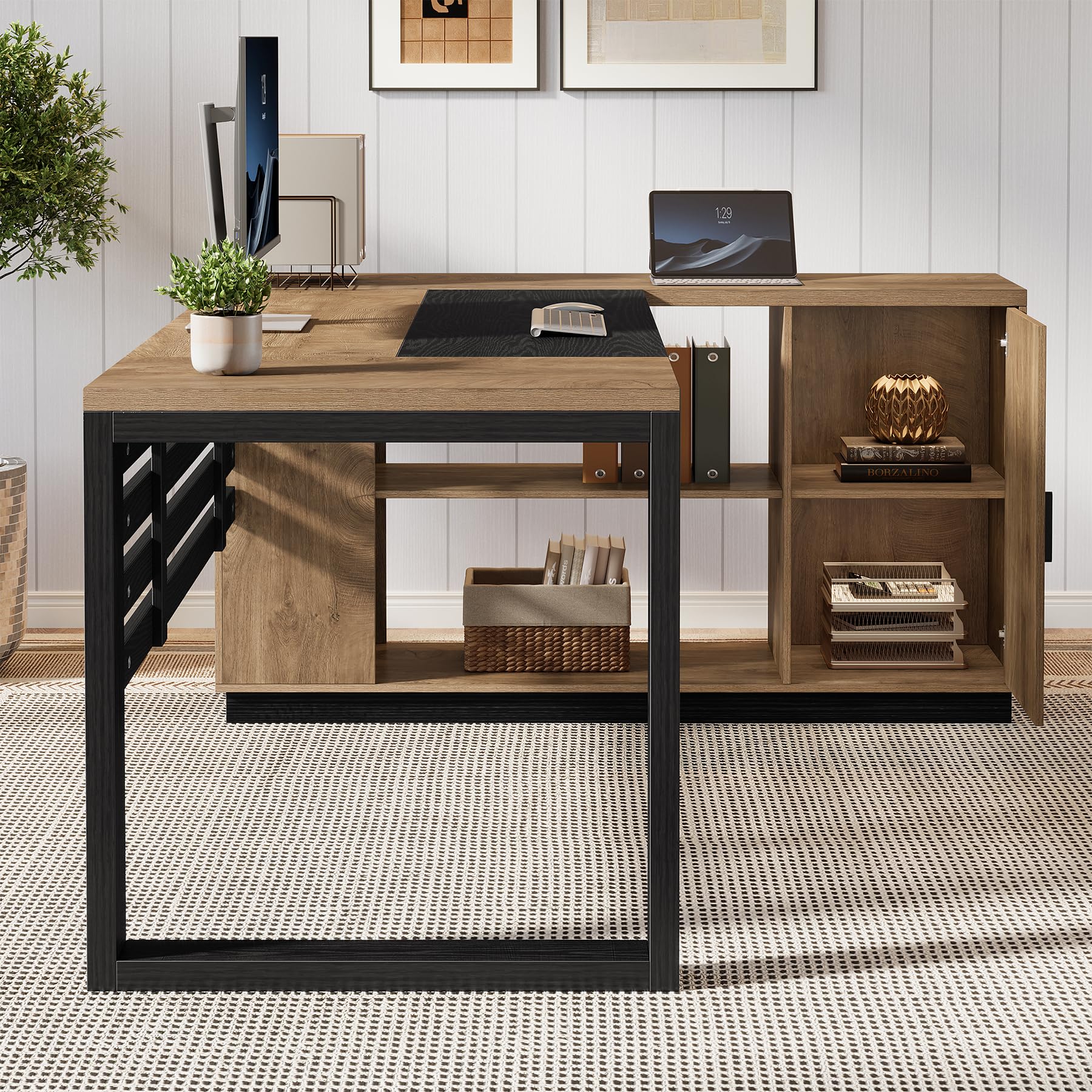Wooden desk with black metal frame in a room setting