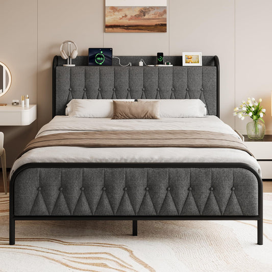 Gray upholstered bed in a bedroom setting with decor items on the headboard.