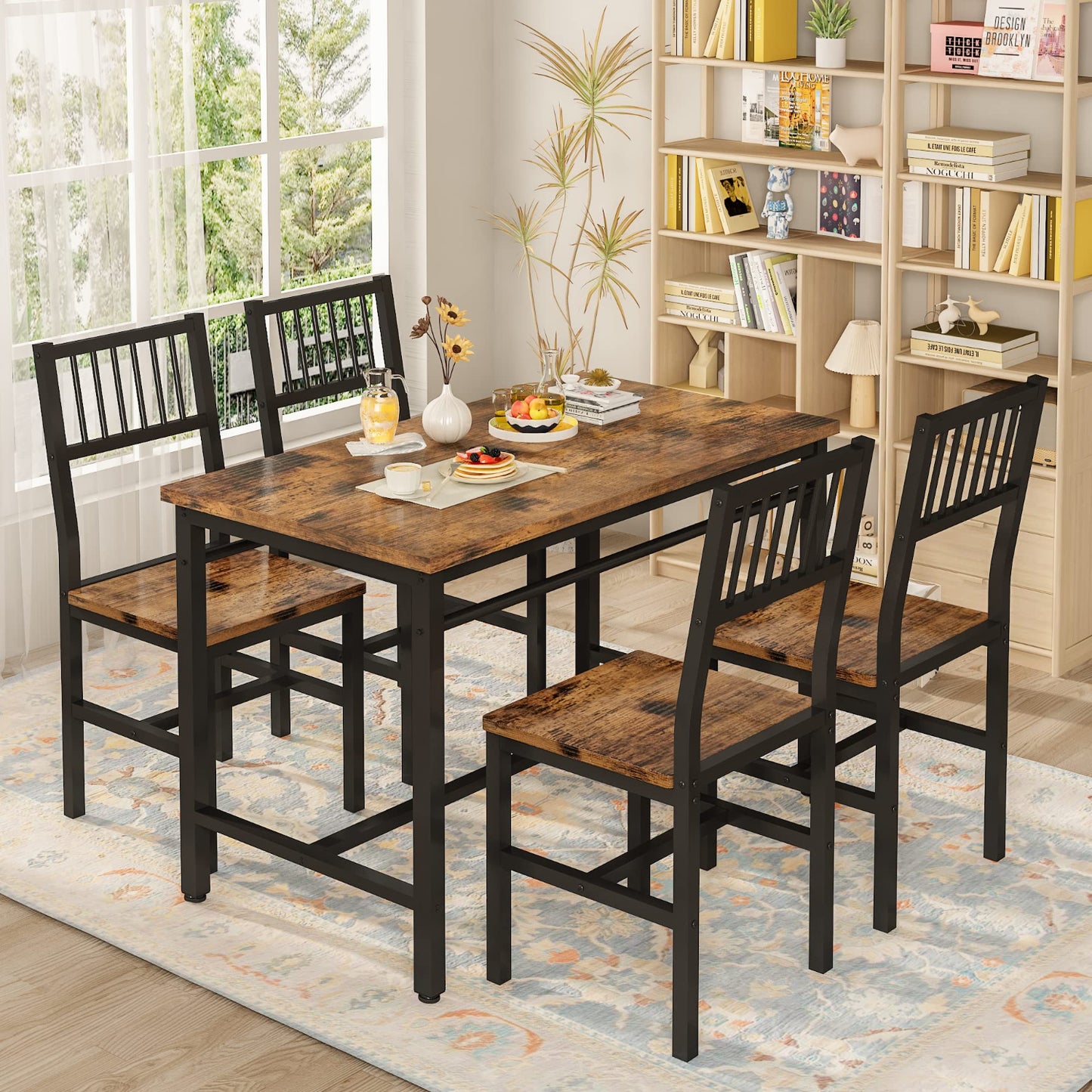 Dining room set with wooden table and chairs in a well-lit room.