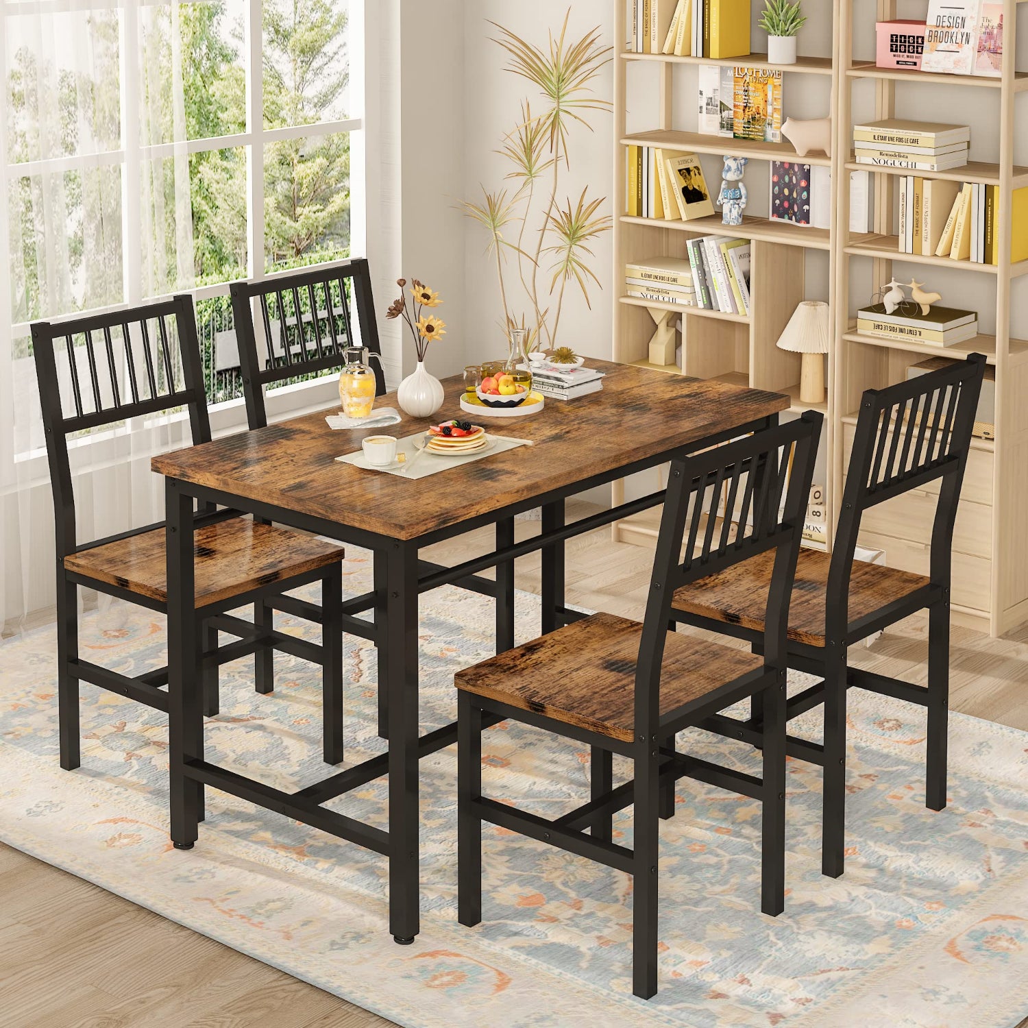 Dining room set with wooden table and chairs in a well-lit room.