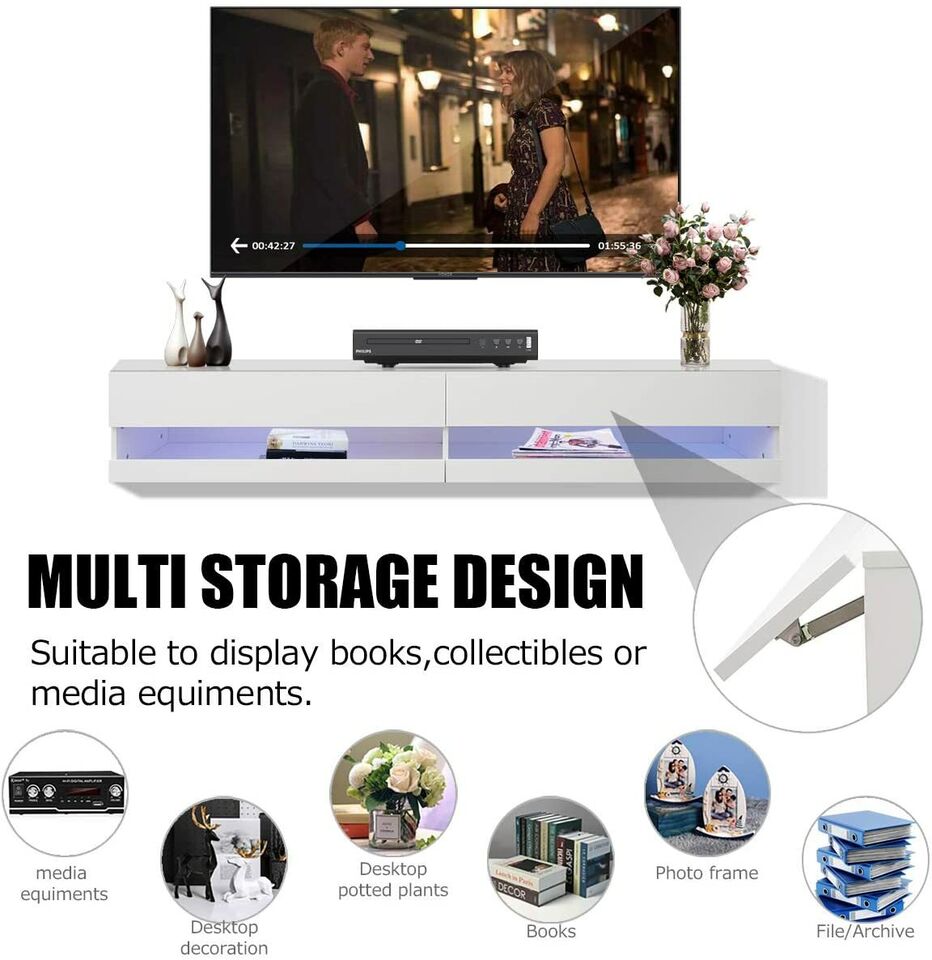 Floating Wall Mounted Media TV Stand, Living Room Media Console, Bedroom Media Console, Media Unit with LED lights