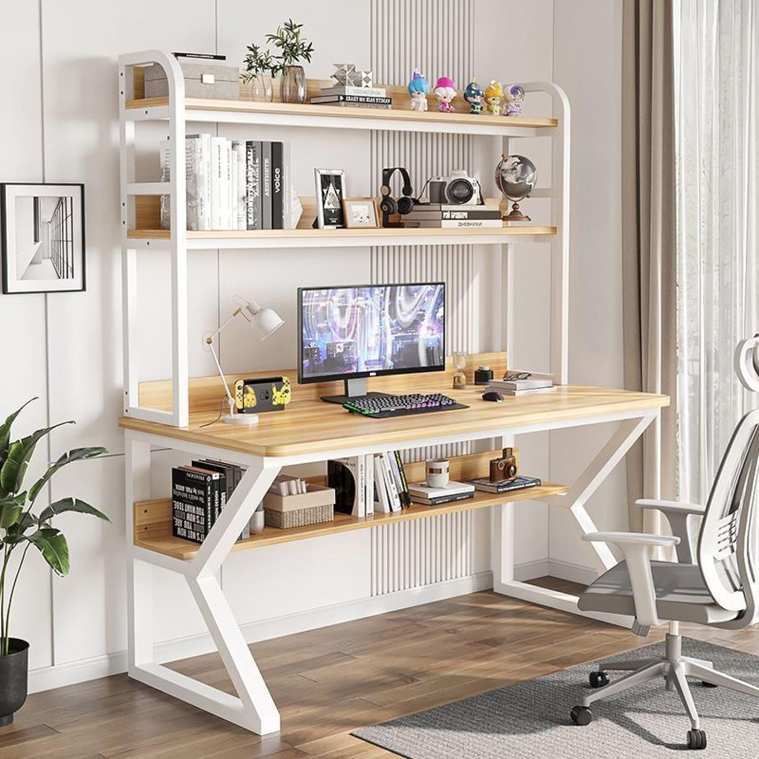 Computer Desk with Hutch and Bookshelf, PC Study Desk Home Office Desk Study Work Table