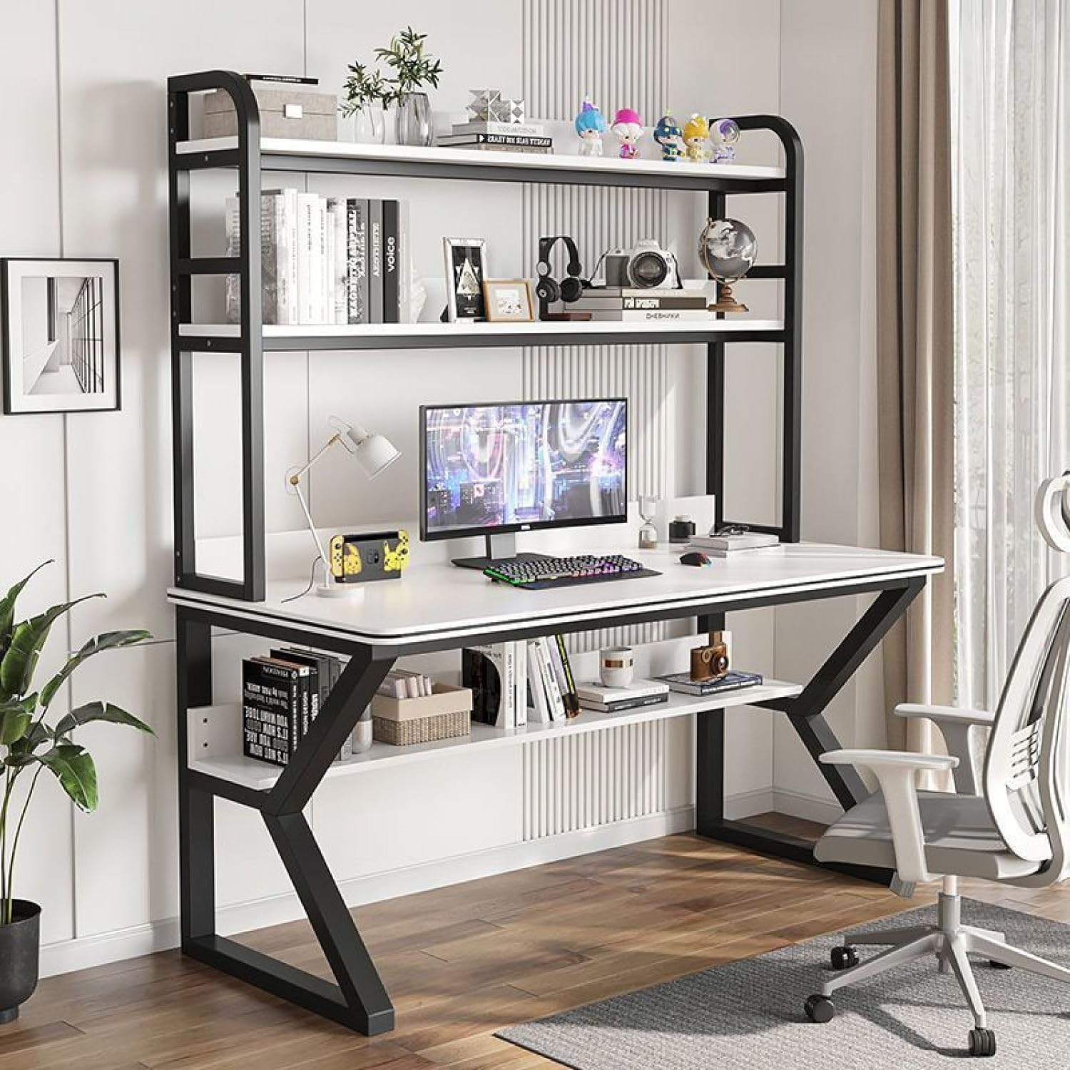 Computer Desk with Hutch and Bookshelf, PC Study Desk Home Office Desk Study Work Table