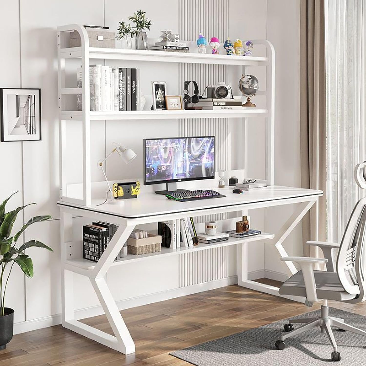 Computer Desk with Hutch and Bookshelf, PC Study Desk Home Office Desk Study Work Table