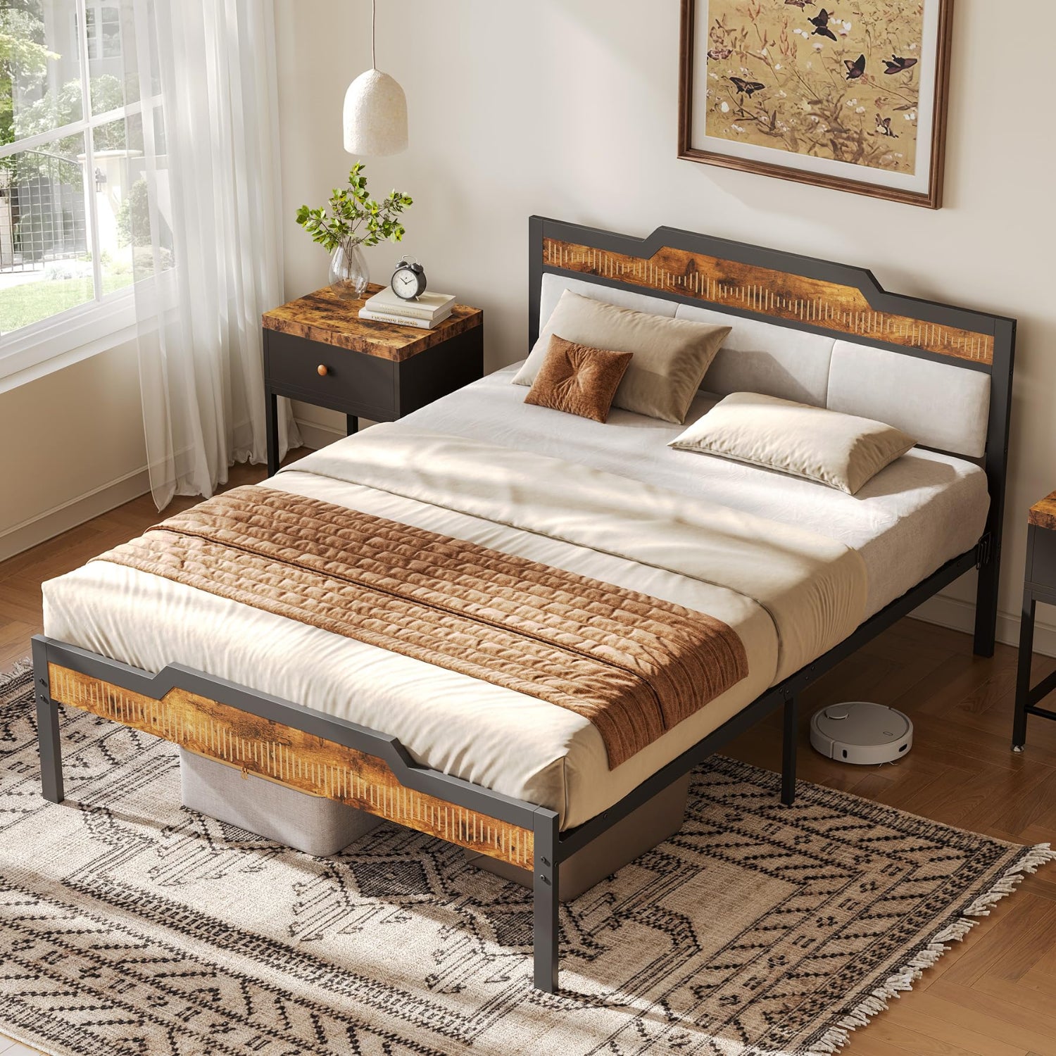Bedroom with a bed featuring a wooden headboard and footboard, white bedding, and a small table with decor items.