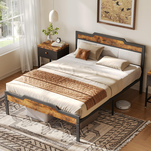 Bedroom with a bed featuring a wooden headboard and footboard, white bedding, and a small table with decor items.
