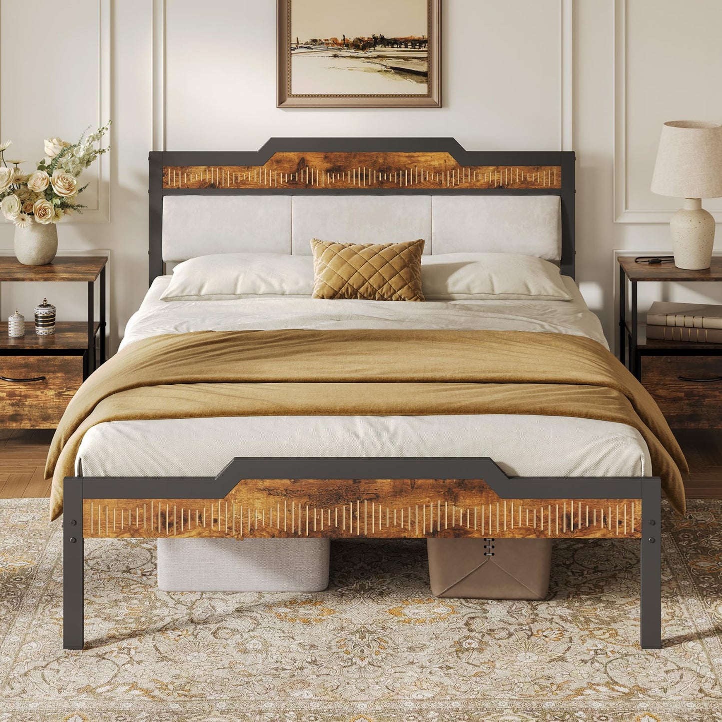 Bedroom with a bed featuring a wooden headboard and footboard, surrounded by nightstands and decor.