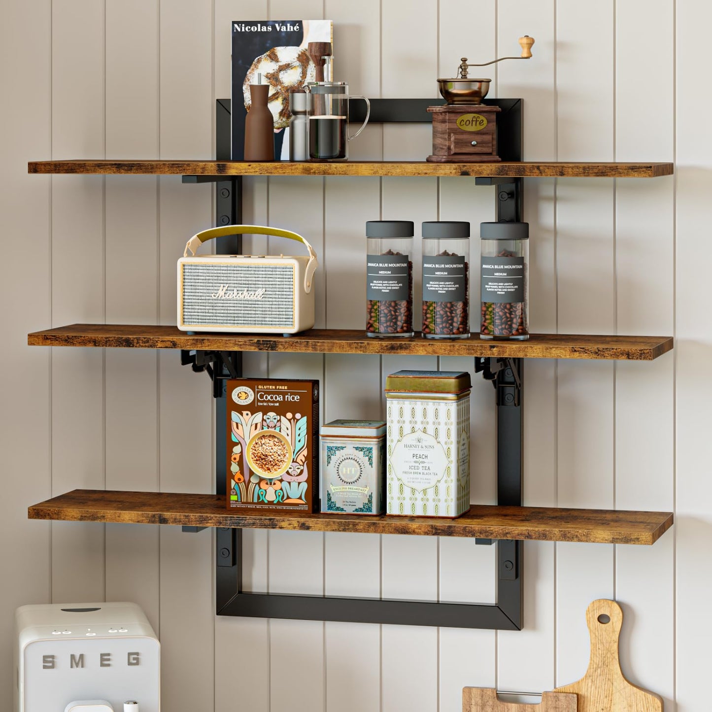 Wooden shelves with kitchen items against a white wall