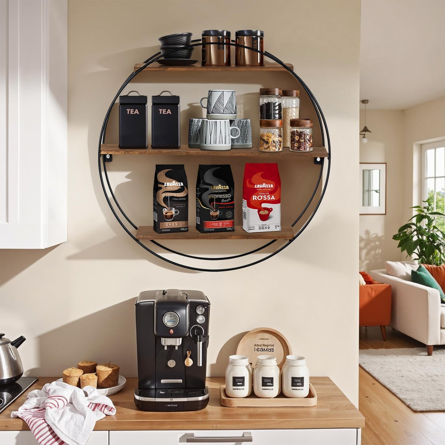 Round wooden shelf with coffee-related items in a kitchen setting
