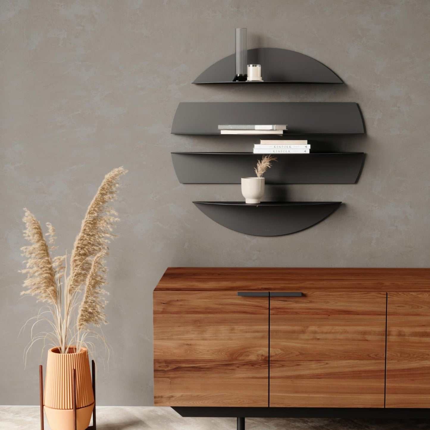 Modern interior design with a wooden cabinet, decorative shelves, and a vase with dried plants.