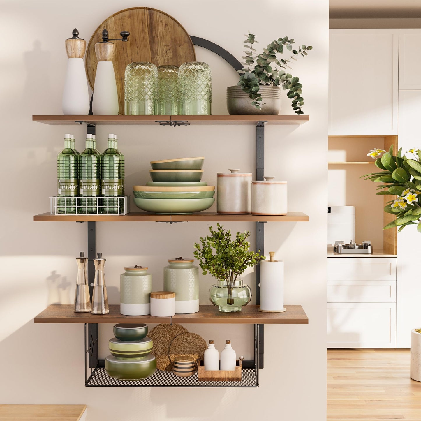 Wooden shelves with decorative items in a kitchen setting