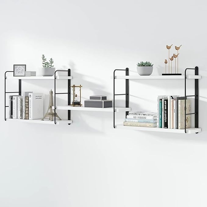 White wall shelves with books, plants, and decorative items on a white background