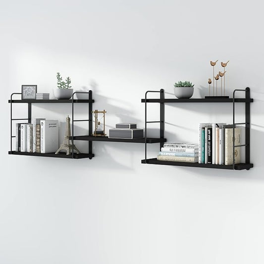 Black wall-mounted shelves with books, decor items, and plants on a white background