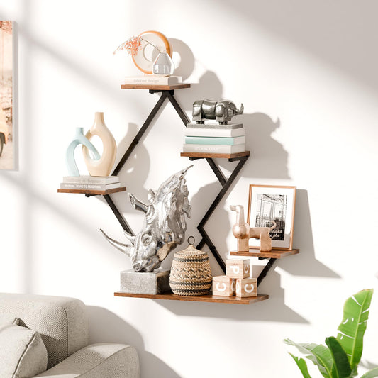 Decorative wall shelf with various items in a living room setting