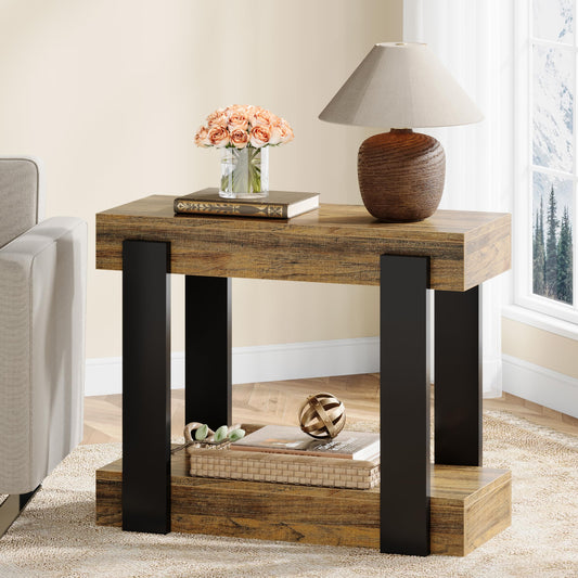 Wooden side table with black legs in a living room setting