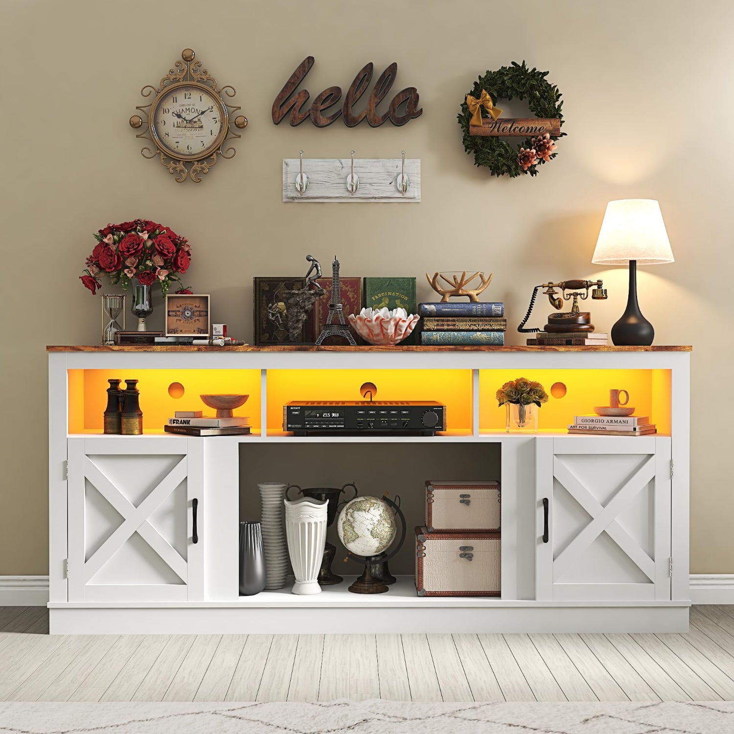 White sideboard with decorative items against a beige wall.