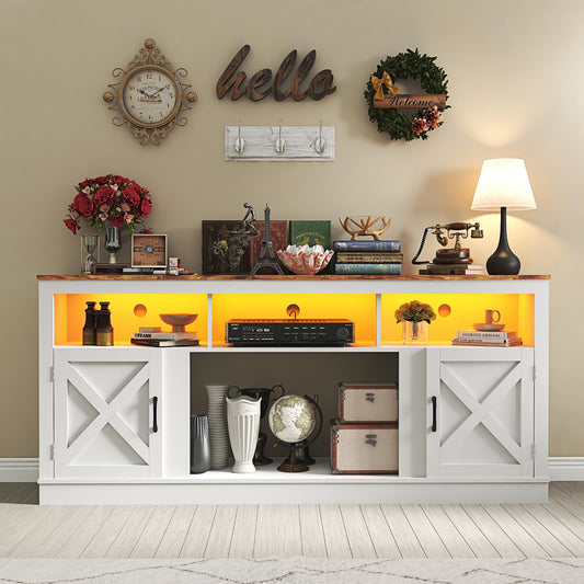 White sideboard with decorative items against a beige wall.