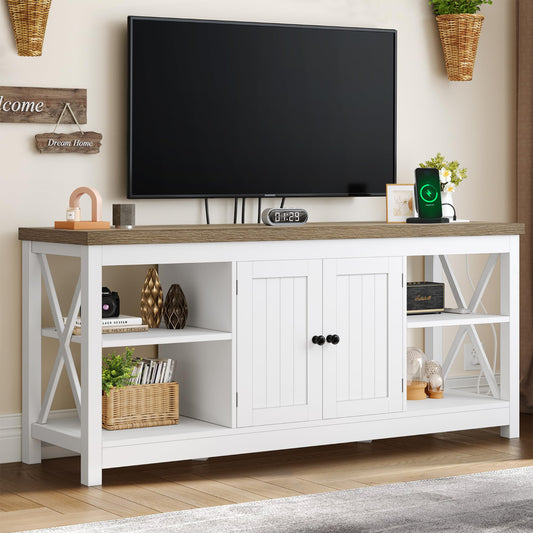 White entertainment console with wooden top displaying a TV in a living room setting.