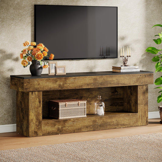 Wooden TV stand with decorative items in a living room setting