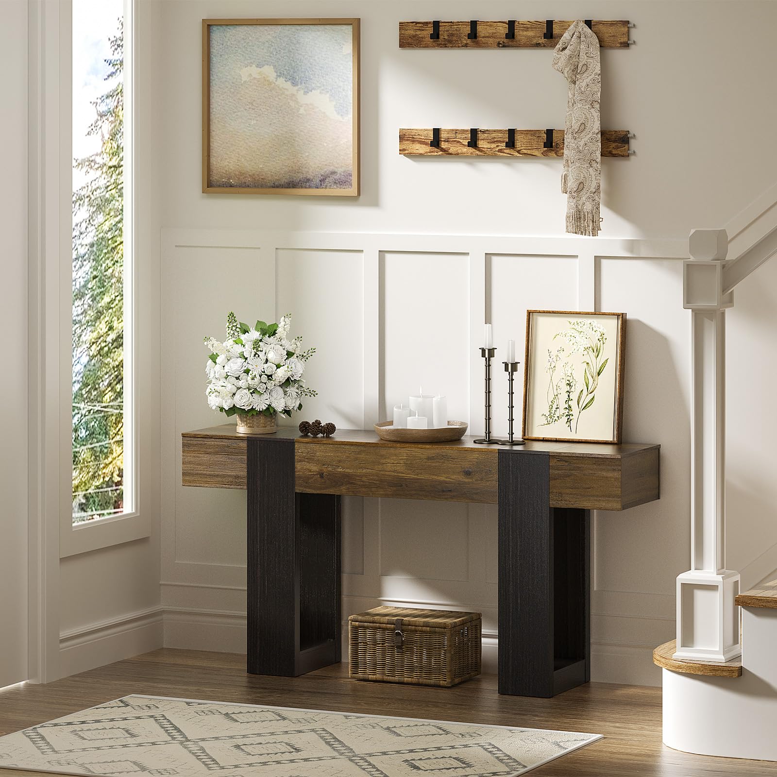 Wooden console table in a room with decorative elements and a window.