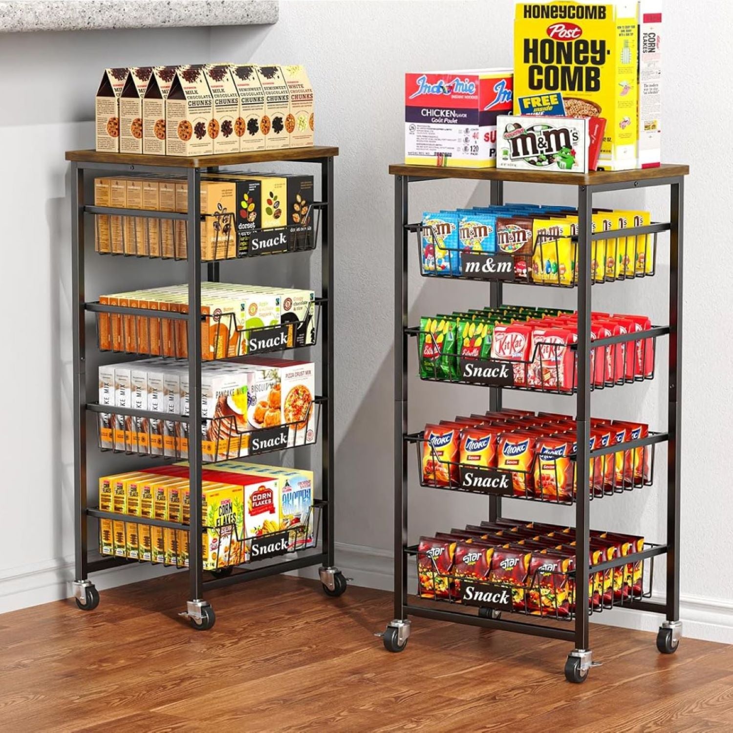 Two metal shelving units with various snack packages on a wooden floor.